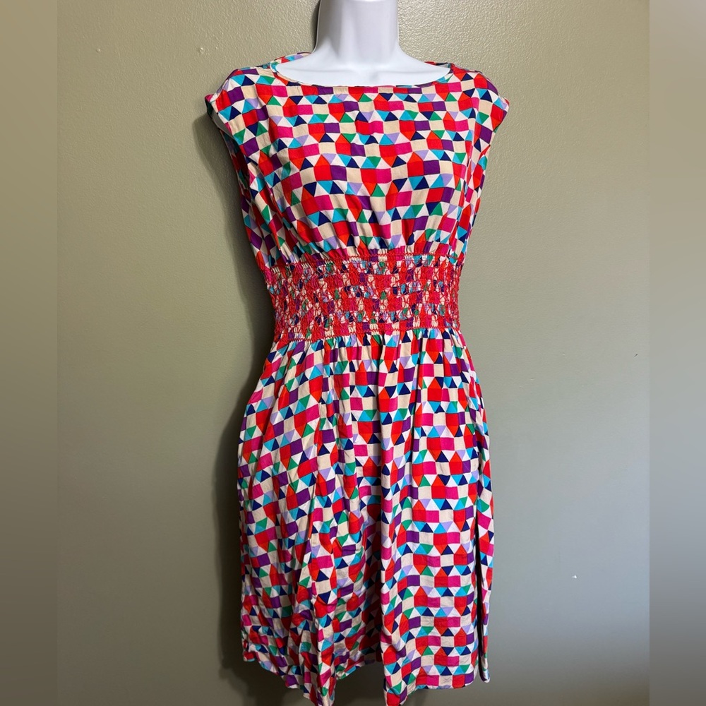 Kate Spade Silk Abbey Sheath‎ Geometric Fit and Flare Dress Smocked Waist Size 4